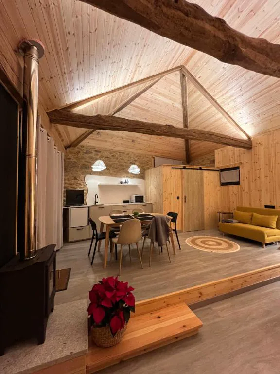 Loft de piedra y madera con chimenea de leña encendida, cocina y sofá mostaza, Bella Casa Araujo, Teo