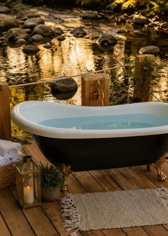 Bañera exenta de hierro sobre una plataforma de madera construida encima de un río en el bosque, Villa Boutique 1880